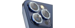 For iPhone 15 Pro Disc Chrome Circle With Chromed Tempered Glass Screen Protector PU UV Leather Case - Light Blue