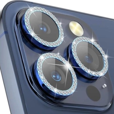 For iPhone 15 Pro Disc Chrome Circle With Chromed Tempered Glass Screen Protector PU UV Leather Case - Light Blue
