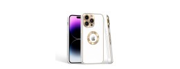 For iPhone 15 Pro Disc Chrome Circle With Chromed Tempered Glass Screen Protector PU UV Leather Case - White