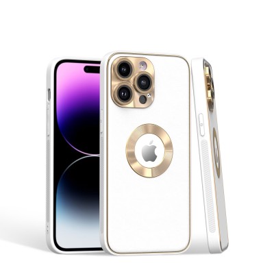 For iPhone 15 Pro Disc Chrome Circle With Chromed Tempered Glass Screen Protector PU UV Leather Case - White