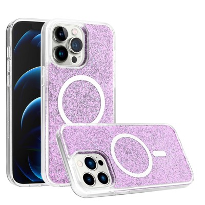 For iPhone 15 Pro Epoxy Glitter [Magnetic Circle] ShockProof Hybrid 2.5mm Thick - Light Purple