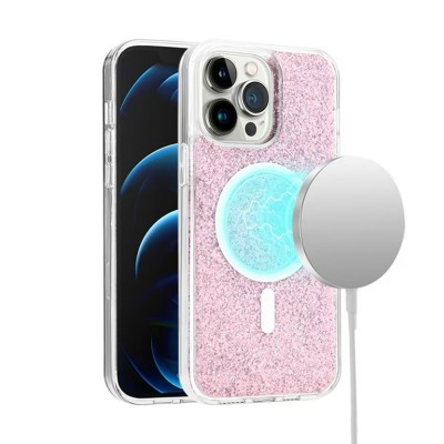 For iPhone 15 Pro Epoxy Glitter [Magnetic Circle] ShockProof Hybrid 2.5mm Thick - Rose Gold