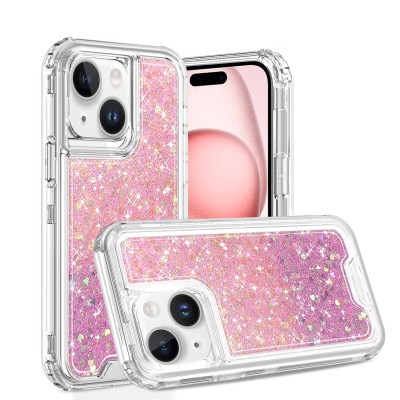 For iPhone 15 Pro Epoxy Sticker Glitter 3in1 Shockproof Transparent Hybrid Case - Pink + Light Blue