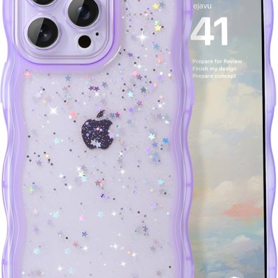 For iPhone 15 Pro Epoxy Sticker Glitter 3in1 Shockproof Transparent Hybrid Case - Pink + Light Purple