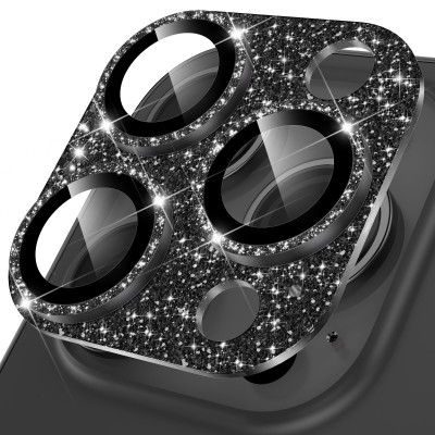 For iPhone 15 Pro Flashy Diamond Leather Sticked On Hybrid with Chrome Camera Edge - Black
