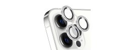 For iPhone 15 Pro Flashy Diamond Leather Sticked On Hybrid with Chrome Camera Edge - White