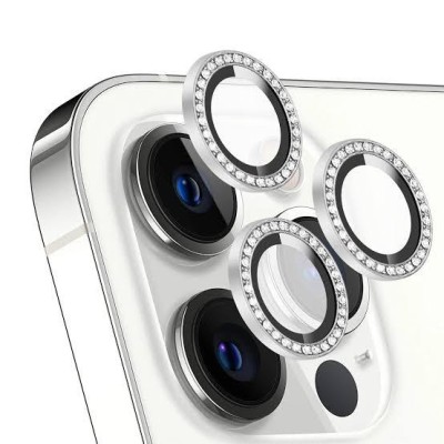 For iPhone 15 Pro Flashy Diamond Leather Sticked On Hybrid with Chrome Camera Edge - White