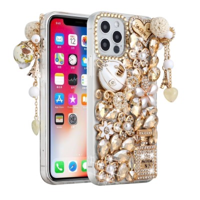 For iPhone 15 Pro Full Diamond with Ornaments Case Cover - Ultimate Multi Ornament Gold