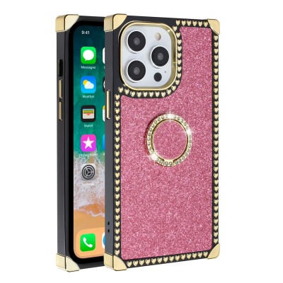 For iPhone 15 Pro Glitter Hybrid With Ring Stand Square Heart Passion Hybrid Case Cover - Hot Pink