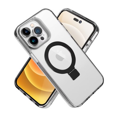 For iPhone 15 Pro Hoop Kickstand [Magnetic Circle] HD Transparent Chrome Hybrid - Black