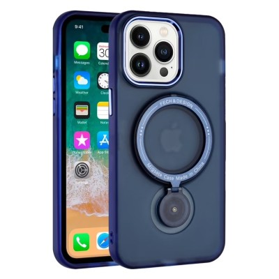 For iPhone 15 Pro Hoop Kickstand [Magnetic Circle] HD Transparent Chrome Hybrid - Blue