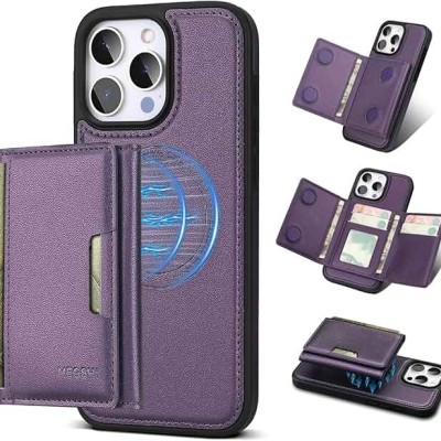 For iPhone 15 Pro Jewel Wallet Design with Stitched PU Leather ID Card Money Holder Zipper Case - Purple