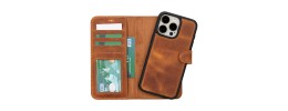 For iPhone 15 Pro Luxury Vertical Magnetic Button Card ID Holder PU Leather Case Cover - Brown