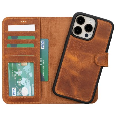 For iPhone 15 Pro Luxury Vertical Magnetic Button Card ID Holder PU Leather Case Cover - Brown