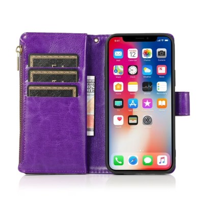 For iPhone 15 Pro Luxury Wallet Card ID Zipper Money Holder Case Cover - Dark Purple