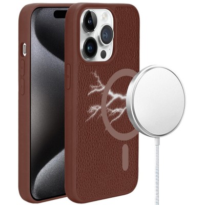 For iPhone 15 Pro METKASE Apple-Peel Stick PU Leather [Magnetic Circle] Premium Hybird Case - Brown