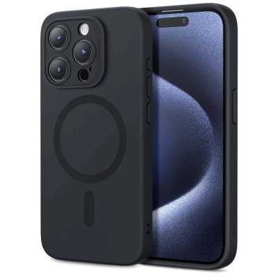 For iPhone 15 Pro METKASE Boundless Liquid Silicone [Magnetic Circle] Thick Lined Design Hybrid Case - Black