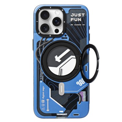 For iPhone 15 Pro METKASE Chrome Lined Pattern [Magnetic Circle] Premium Case - Blue