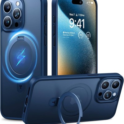 For iPhone 15 Pro METKASE Dazzle Magnetic Ring Stand Alloy Chrome Transparent Hybrid in Slide-Out Package - Navy Blue
