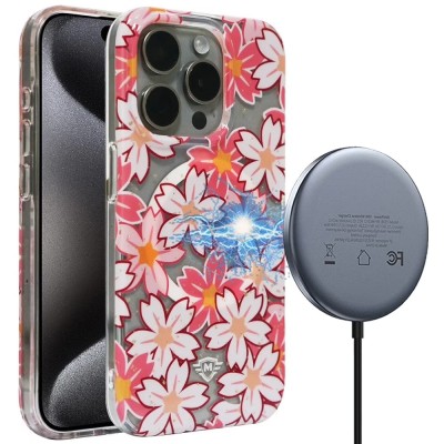 For iPhone 15 Pro METKASE Floral Design [Magnetic Circle] Transparent Hybrid - Oriental Cherry Blossom