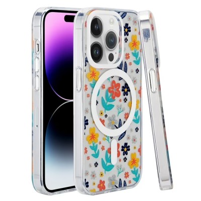 For iPhone 15 Pro METKASE Floral Design [Magnetic Circle] Transparent Hybrid - White Daisy Pattern