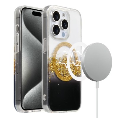 For iPhone 15 Pro METKASE GLITTER Transparet [MAGNETIC CIRCLE] Shockproof Hybrid - Gold/Black