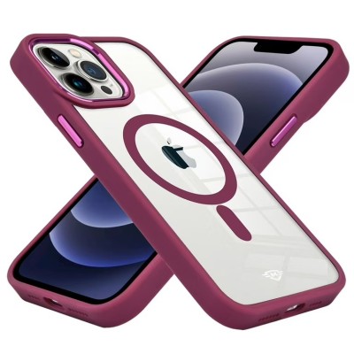For iPhone 15 Pro METKASE Magnetic Greatest Clear Acrylic Thick Metal Button Hybrid in Slide-Out Package - Burgundy