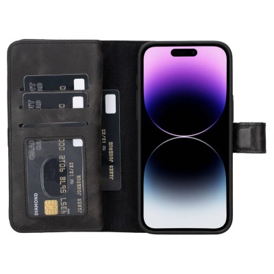 For iPhone 15 Pro METKASE Luxury Wallet Card ID Zipper Money Holder in Slide-Out Package - Black