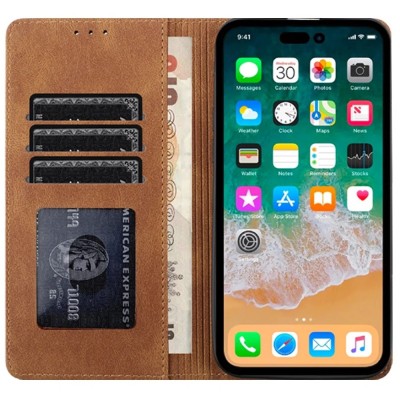 For iPhone 15 Pro METKASE Luxury Wallet Card ID Zipper Money Holder in Slide-Out Package - Brown