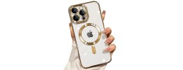For iPhone 15 Pro METKASE Magnetic Circle Ring Transparent Premium Acrylic Case Cover with Metal Buttons & Camera Raised Lip in Slide-Out Package - Rose Gold