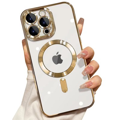 For iPhone 15 Pro METKASE Magnetic Circle Ring Transparent Premium Acrylic Case Cover with Metal Buttons & Camera Raised Lip in Slide-Out Package - Rose Gold