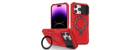 For iPhone 15 Pro METKASE Magnetic Ring Stand Premium Ultra Rugged ShockProof Hybrid in Slide-Out Package - Red