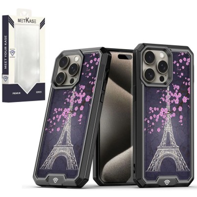 For iPhone 15 Pro METKASE Premium RANK Design Fused Hybrid in Slide-Out Package - Dark Grunge Eiffel Tower Paris Sakura Flowers