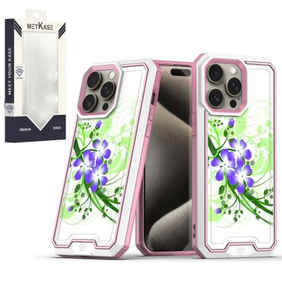 For iPhone 15 Pro METKASE Premium RANK Design Fused Hybrid in Slide-Out Package - Green Floral