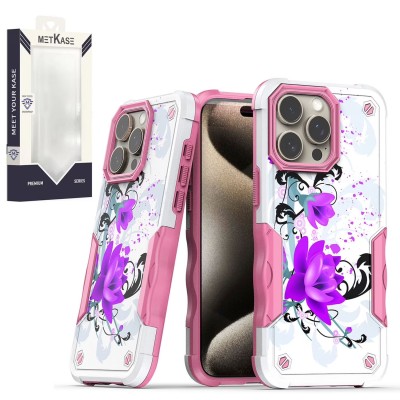 For iPhone 15 Pro METKASE Premium RANK Design Fused Hybrid in Slide-Out Package - Rose Pink Floral