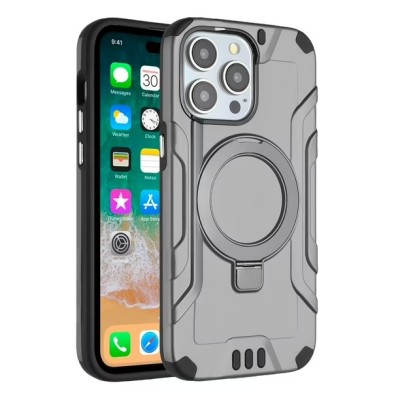 For iPhone 15 Pro Magnetic Circle Kickstand Exclusive Brushed Hybrid - Grey