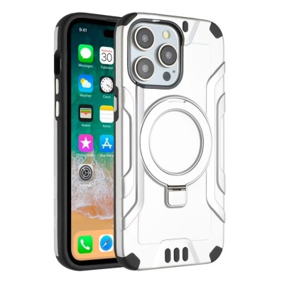 For iPhone 15 Pro Magnetic Circle Kickstand Exclusive Brushed Hybrid - Silver
