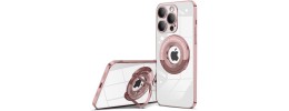 For iPhone 15 Pro Magnetic Circle Ring Transparent Premium Acrylic with Metal Buttons & Camera Raised Lip - Rose Gold