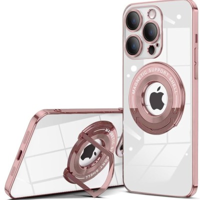 For iPhone 15 Pro Magnetic Circle Ring Transparent Premium Acrylic with Metal Buttons & Camera Raised Lip - Rose Gold