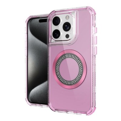 For iPhone 15 Pro Magnetic Ring Circle Bling Chrome 3in1 Hybrid Case - Pink