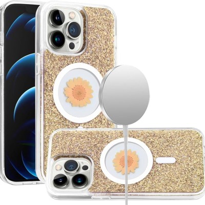For iPhone 15 Pro Magnetic Ring Circle Real Flower Epoxy Glitter Hybrid Case Cover - Rose Gold