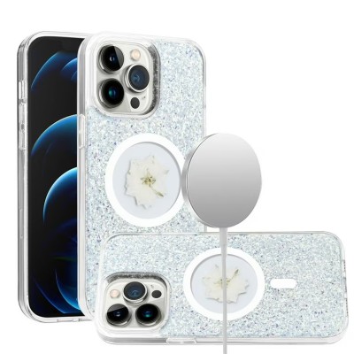 For iPhone 15 Pro Magnetic Ring Circle Real Flower Epoxy Glitter Hybrid Case Cover - Silver