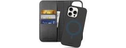 For iPhone 15 Pro Magnetic Ring Compatible Deattachable PU Leather Hybrid Wallet Money Card Holder with Lanyard - Black