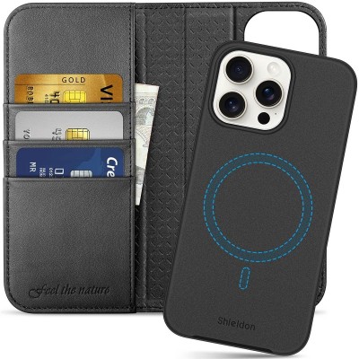 For iPhone 15 Pro Magnetic Ring Compatible Deattachable PU Leather Hybrid Wallet Money Card Holder with Lanyard - Black