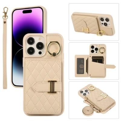 For iPhone 15 Pro Magnetic Ring Compatible Deattachable PU Leather Hybrid Wallet Money Card Holder with Lanyard - Rose Gold