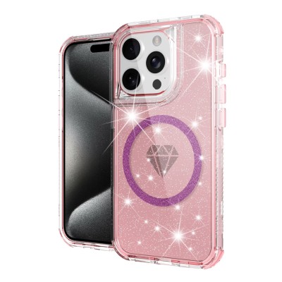 For iPhone 15 Pro Magnetic Ring Glitter 3in1 Hybrid Case Cover - Pink