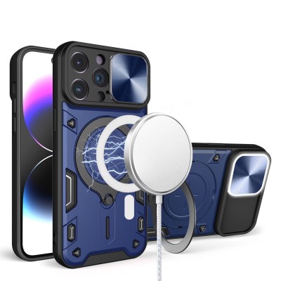 For iPhone 15 Pro Magnetic Ring Stand Classic Design FULL Camera Protection Hybrid Case - Blue