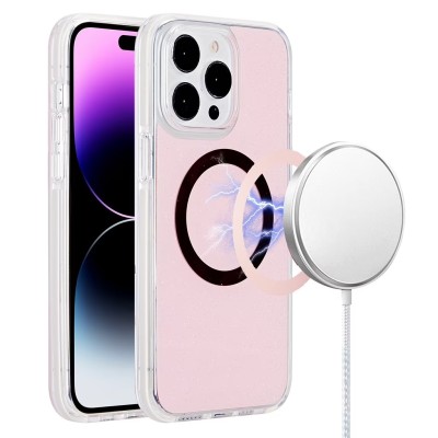 For iPhone 15 Pro Max METKASE Chrome Lined Pattern [Magnetic Circle] Premium Case - Light Pink