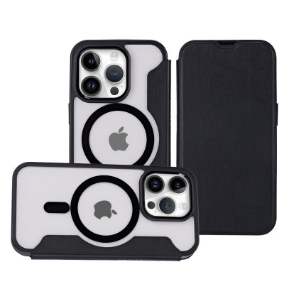 For iPhone 15 Pro Max METKASE Folio Transparent [Magnetic Ring] Flap Premium Hybrid Case - Black
