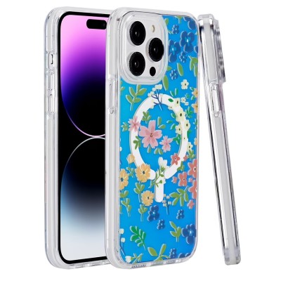 For iPhone 15 Pro Max METKASE IMD Design Pattern [Magnetic Circle] Premium Hybrid Case - Blue Pattern